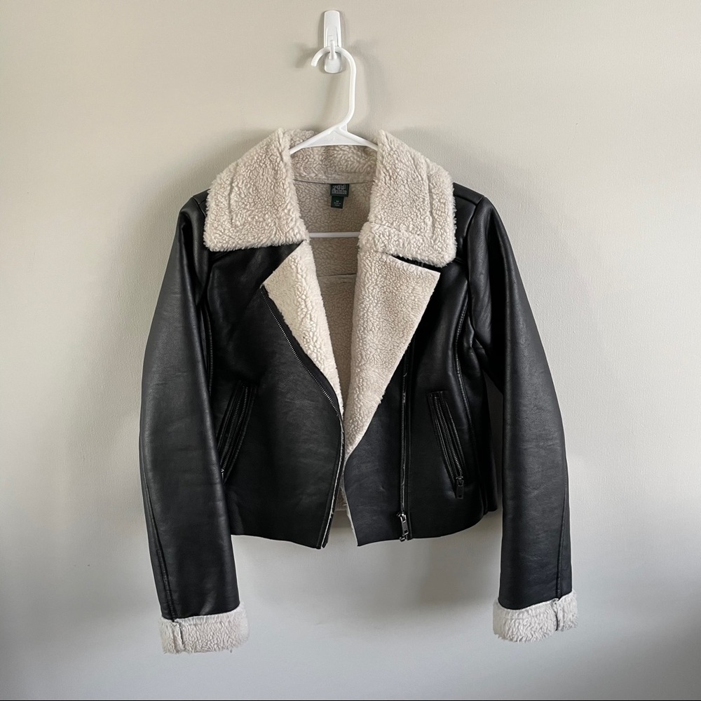 wild fable Black Faux Leather Jacket with Cream Sherpa Lining